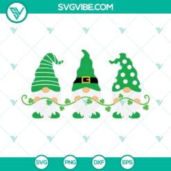 St Patricks Day themed SVG images with gnomes holding shamrocks, lucky clover designs. Perfect for crafting projects.
