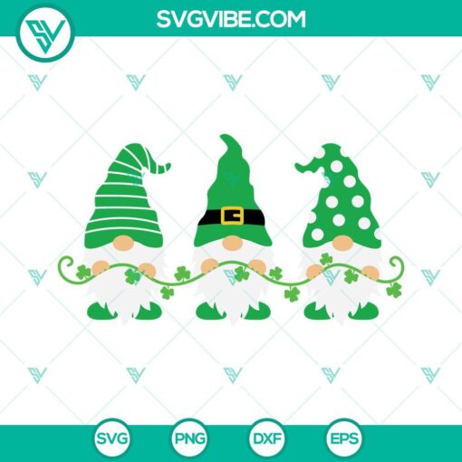 St Patricks Day themed SVG images with gnomes holding shamrocks, lucky clover designs. Perfect for crafting projects.