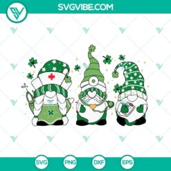 St Patrick's Day themed SVG images featuring gnomes as nurses, shamrock stethoscope, and lucky elements. Perfect for holiday crafting projects.