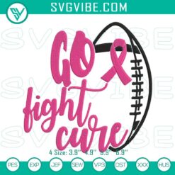 Embroidery designs for football enthusiasts supporting breast cancer awareness, featuring the text "Go Fight Cure". Perfect for craft projects.