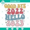 Retro New Years 2023 SVG files for Goodbye 2022 Hello 2023 celebration. Fireworks, clock, and party elements in digital design.