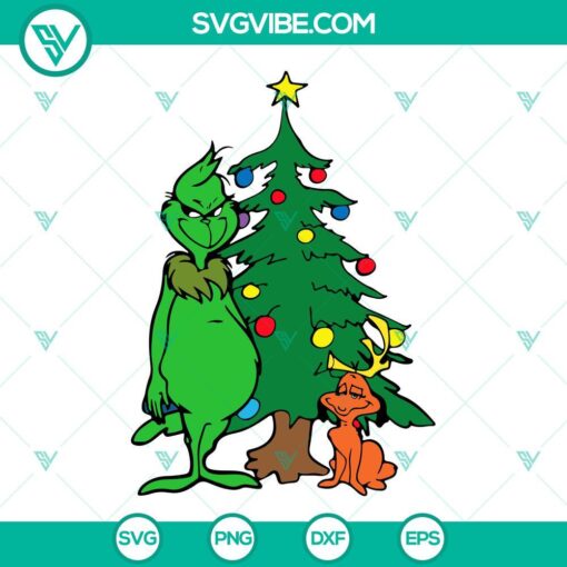 Grinch and Max Dog SVG image with Christmas tree design, available in SVG and PNG files for holiday crafts.