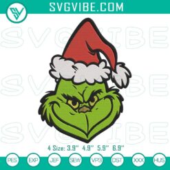 Grinch face Christmas hat embroidery design file, festive Grinch holiday embroidery pattern.
