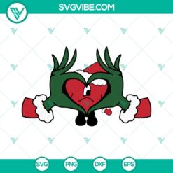 Grinch hand holding Bad Bunny heart Christmas SVG file, featuring Bad Bunny and Grinch themes. Ideal for holiday crafting projects.