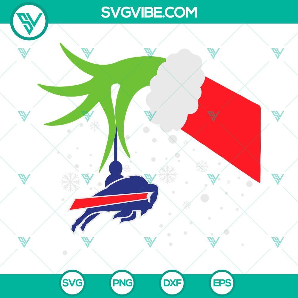 Grinch Hand Buffalo Bills Christmas SVG Image, Bills Football Christmas Green Grinch hand holding Buffalo Bills football themed Christmas SVG design, perfect for Bills fans.