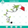 Grinch hand holding Christmas lights SVG, PNG, DXF, EPS cut files for holiday crafts and projects.