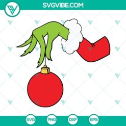 Grinch hand with ornament Christmas SVG files, featuring PNG, EPS, and DXF cut file formats for crafting.