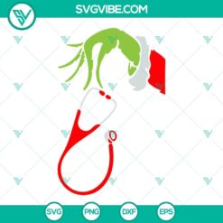 Grinch hand holding stethoscope SVG for nurse Christmas design. Festive Grinch nurse SVG file. Great for holiday crafts.