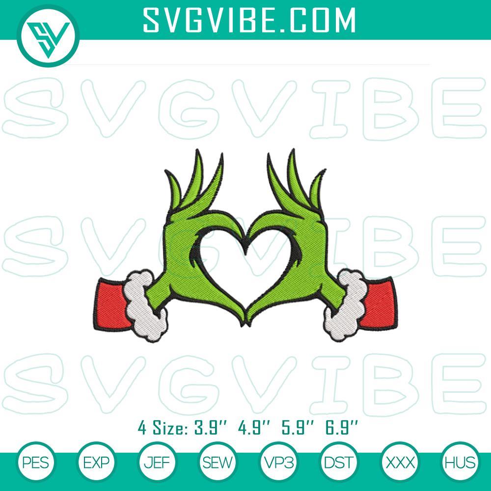 Grinch Heart Hands Christmas Embroidery Design Files Christmas-themed green monster heart hands embroidery design, cute holiday cartoon pattern for crafts and decorations.