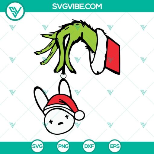 Grinch holding Bad Bunny Christmas SVG design, holiday theme, festive illustration, green grinch with logo.