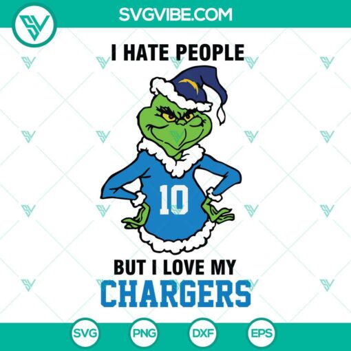 Grinch Los Angeles Chargers football team SVG images for cut files, with "I hate people but I love my team" design. Perfect for NFL fans.
