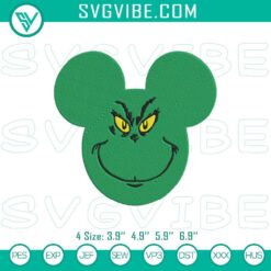 Grinch Mickey head Christmas and Disney inspired embroidery design file with the Grinch, ideal for holiday crafting projects.