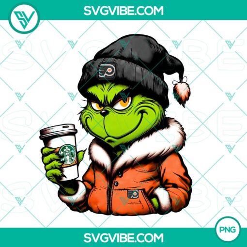 Grinch Philadelphia Flyers and Starbucks themed digital PNG files, perfect for festive sports fans and coffee lovers.
