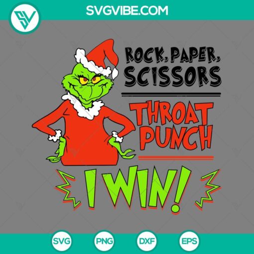 Grinch Rock, Paper Scissors Throat Punch I Win SVG File with vintage design, ideal for holiday crafts and projects.