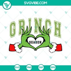 Grinch Season SVG Images for download, featuring Grinch Hand Heart design and Merry Christmas text. Perfect for holiday crafting projects.
