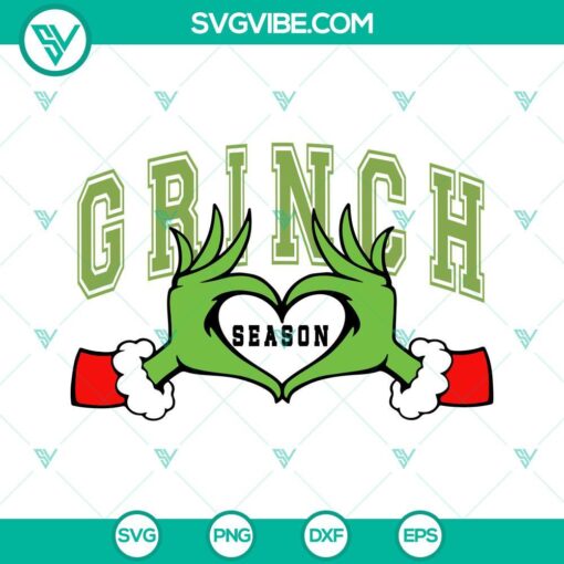 Grinch Season SVG Images for download, featuring Grinch Hand Heart design and Merry Christmas text. Perfect for holiday crafting projects.
