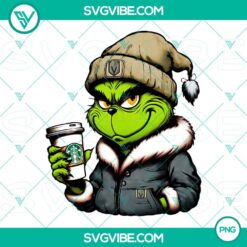 Grinch-themed Vegas Golden Knights Starbucks drink PNG with holiday decorations for Christmas.