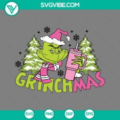 Grinchmas Boojee & Stanley SVG featuring Grinch in Pink Santa Hat. Festive Christmas design for digital crafting projects.