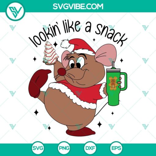 Gus Gus from Cinderella holding a Christmas tree cake and gingerbread tumbler SVG files, ideal for holiday projects.