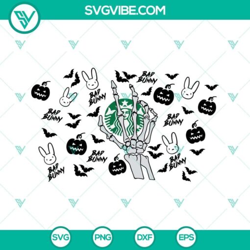 Halloween Bad Bunny Starbucks Cup SVG featuring a Bad Bunny Pumpkin Skeleton design for download. Great for spooky seasonal projects.