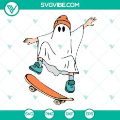 Spooky Halloween ghost skateboard SVG file with boy Halloween SVG images, perfect for kids Halloween celebrations.