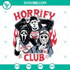 Halloween Horrify Club Hellfire Club SVG File featuring Michael Myers and Jason Voorhees, spooky design for Halloween projects.
