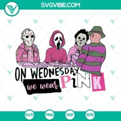 Halloween horror characters wearing pink SVG files with spooky design elements for Halloween-themed projects.