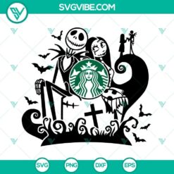 Jack and Sally themed Starbucks cup SVG images for Halloween, featuring a full wrap design. Perfect for crafts and personalizing cups.