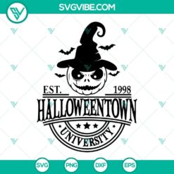 Halloweentown University SVG files featuring Halloween pumpkin witch hat design, downloadable in PNG format for crafting projects.