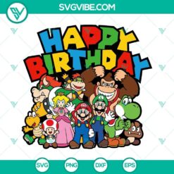 Super Mario Bros SVG file featuring Mario, Luigi, Yoshi, and Princess. Perfect for themed birthday projects.