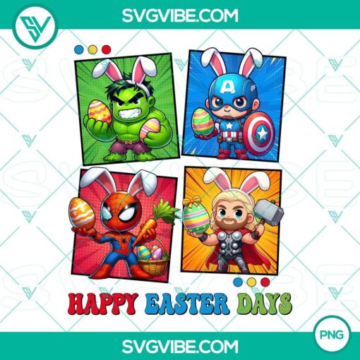 Happy Easter Marvel Superheroes dressed as bunnies in PNG format, perfect for Easter greeting cards and designs.