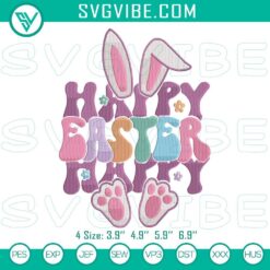 Happy Easter embroidery file with classic Easter design, featuring Easter eggs, bunny, flowers on a white background.