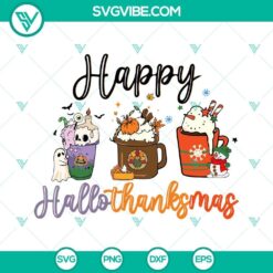 Happy Hallothanksmas coffee SVG design for Christmas, featuring festive elements and a cozy coffee cup. Ideal for holiday crafts and projects.
