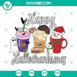 Festive Happy Hallothanksmas SVG design with Halloween, Thanksgiving, and Christmas elements - perfect for holiday crafts and decorations.