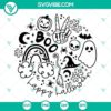 Happy Halloween SVG with pumpkin, ghost and "Boo" text design for spooky holiday crafts.