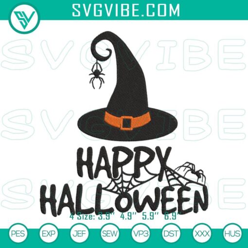 Witch hat machine embroidery design for Happy Halloween, festive and fun file perfect for crafts and DIY projects.
