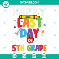 Happy Last Day Of 5th Grade and Hello Summer svg design with Summer Break text, perfect for celebrating end of school year.