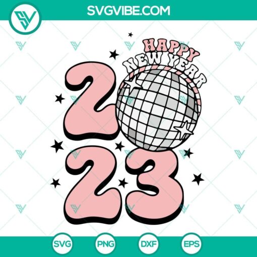 Happy New Year 2023 disco ball SVG images for download, perfect for New Year's celebrations in 2023. Vibrant and festive design.