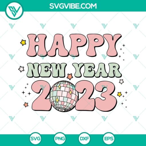 Happy New Year 2023 disco ball SVG download with festive design for New Year's celebration. Great for New Year SVG files.