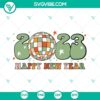 Happy New Year 2023 SVG featuring groovy retro design with disco elements for download.