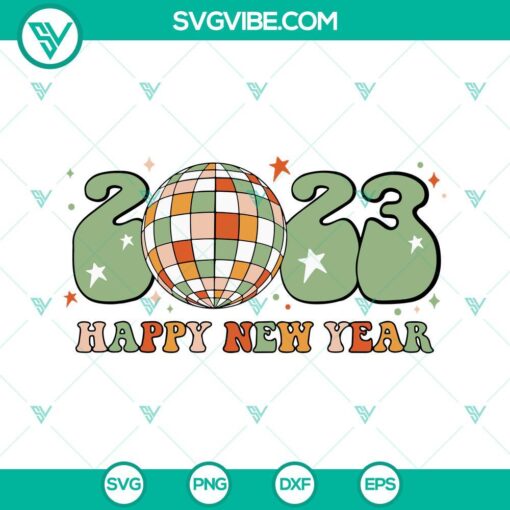 Happy New Year 2023 SVG featuring groovy retro design with disco elements for download.