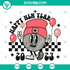 Happy New Year 2023 SVG images featuring a retro disco ball design, 2023 SVG download, and kids new year theme perfect for holiday crafts.