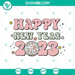 Retro disco ball with Happy New Year 2023 design in SVG and PNG format for New Year celebrations.