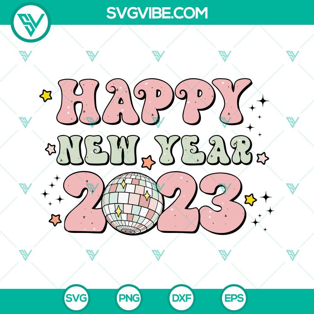 Happy New Year 2023 SVG, Retro New Year Disco Ball 2023 SVG PNG DXF EPS Cricut Retro disco ball with Happy New Year 2023 design in SVG and PNG format for New Year celebrations.