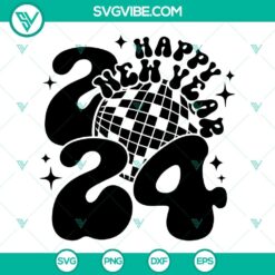 Happy New Year 2024 SVG files featuring disco ball and festive designs for celebrations. Ideal for craft projects and digital designs.
