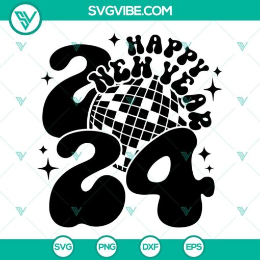 Happy New Year 2024 SVG files featuring disco ball and festive designs for celebrations. Ideal for craft projects and digital designs.