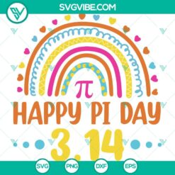 Colorful Pi Day SVG images with 3.14 Pi rainbow design for Cricut, featuring SVG, PNG, DXF, and EPS file formats.