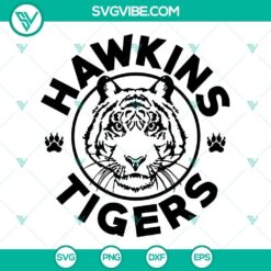 Hawkins Tigers SVG files featuring Stranger Things 4 logo and Hawkins High School emblem. Perfect for fans of the show.
