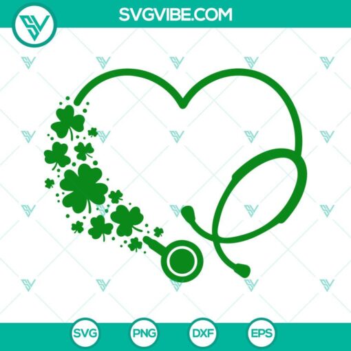 Heart stethoscope and shamrocks SVG images for lucky nurse, St. Patrick’s Day design. Ideal for crafting projects.