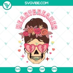Heartbreaker skull Valentine SVG images featuring a messy bun skull for Valentines Day, perfect for crafts and projects.